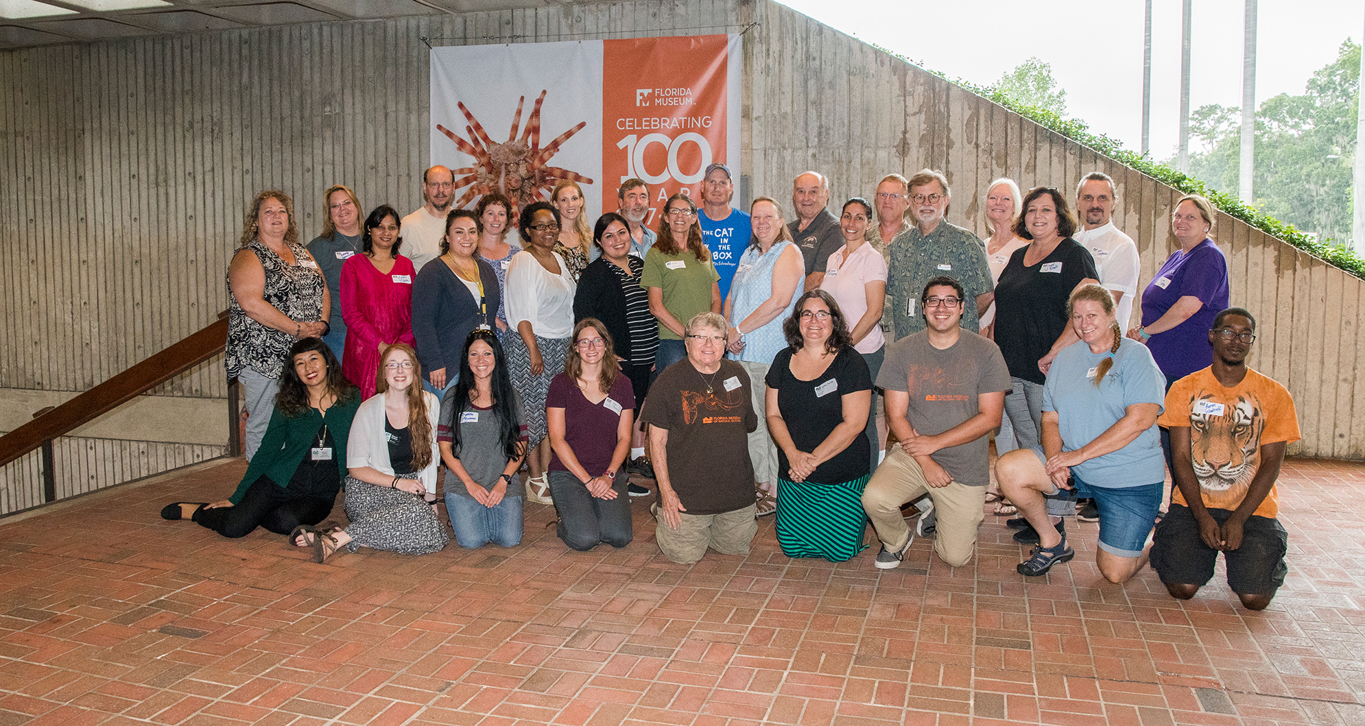 FOSSILs4Teachers! professional development workshop participants are pictured with museum students and employees outside Dickinson Hall. Florida Museum photo by Jeff Gage