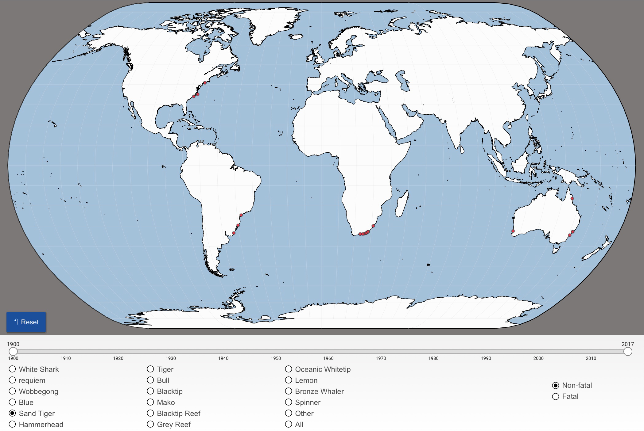 The small red dots on this map from the International Shark Attack File represent confirmed sand tiger bites from 1900 to 2017. world map with red dots