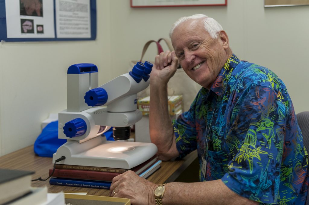 Volunteer Harry Lee, in his usual attire of a festive Hawaiian shirt, uses a microscope in Dickinson Hall to examine micromollusks. Florida Museum photo by Kristen Grace Harry Lee at microscope