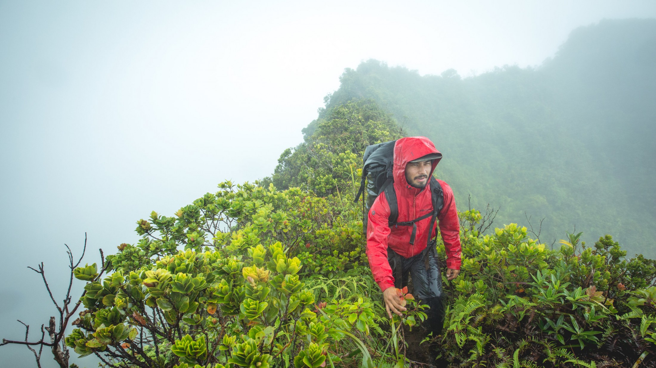 man hiking through mist