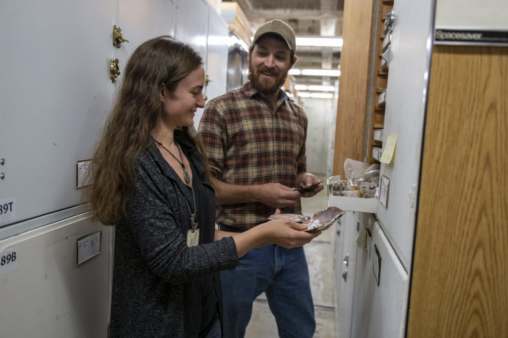 two scientists look at mussel shells in collection