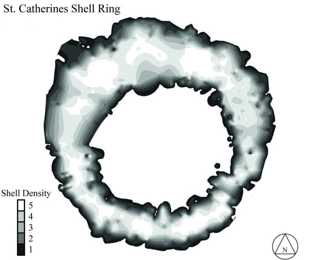 A computer-generated map showing the density of oyster shells throughout St. Catherines shell ring