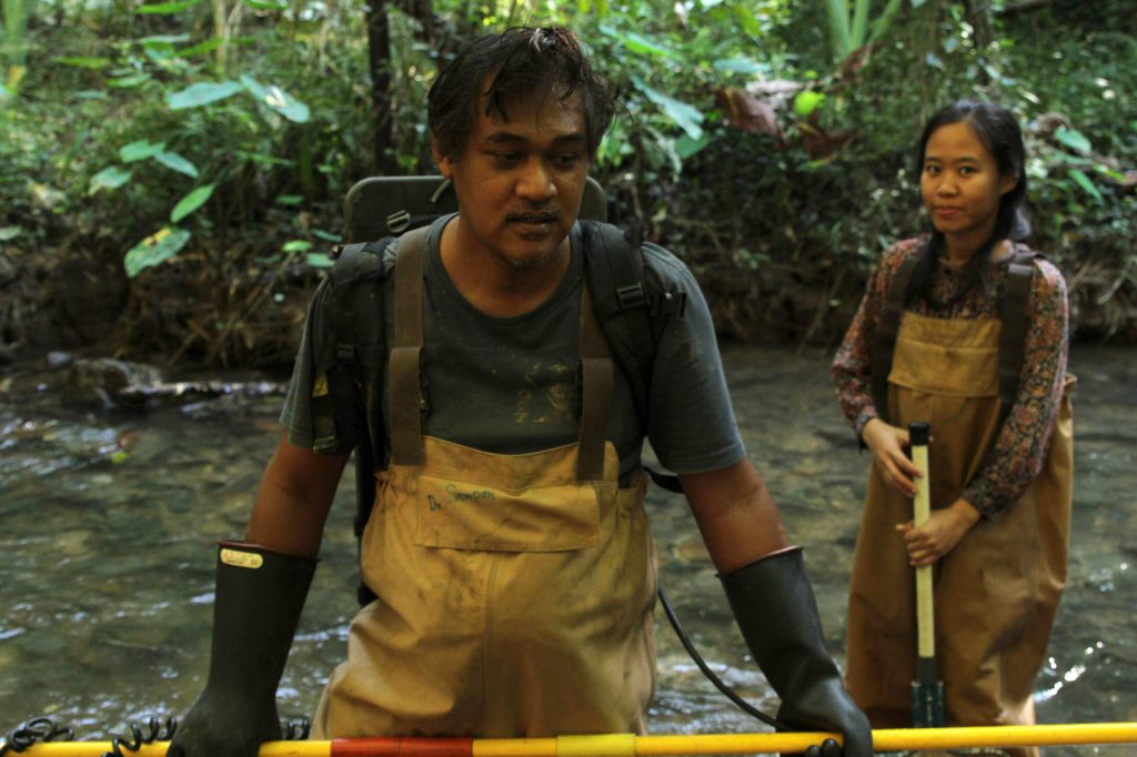 scientists wearing waders in river