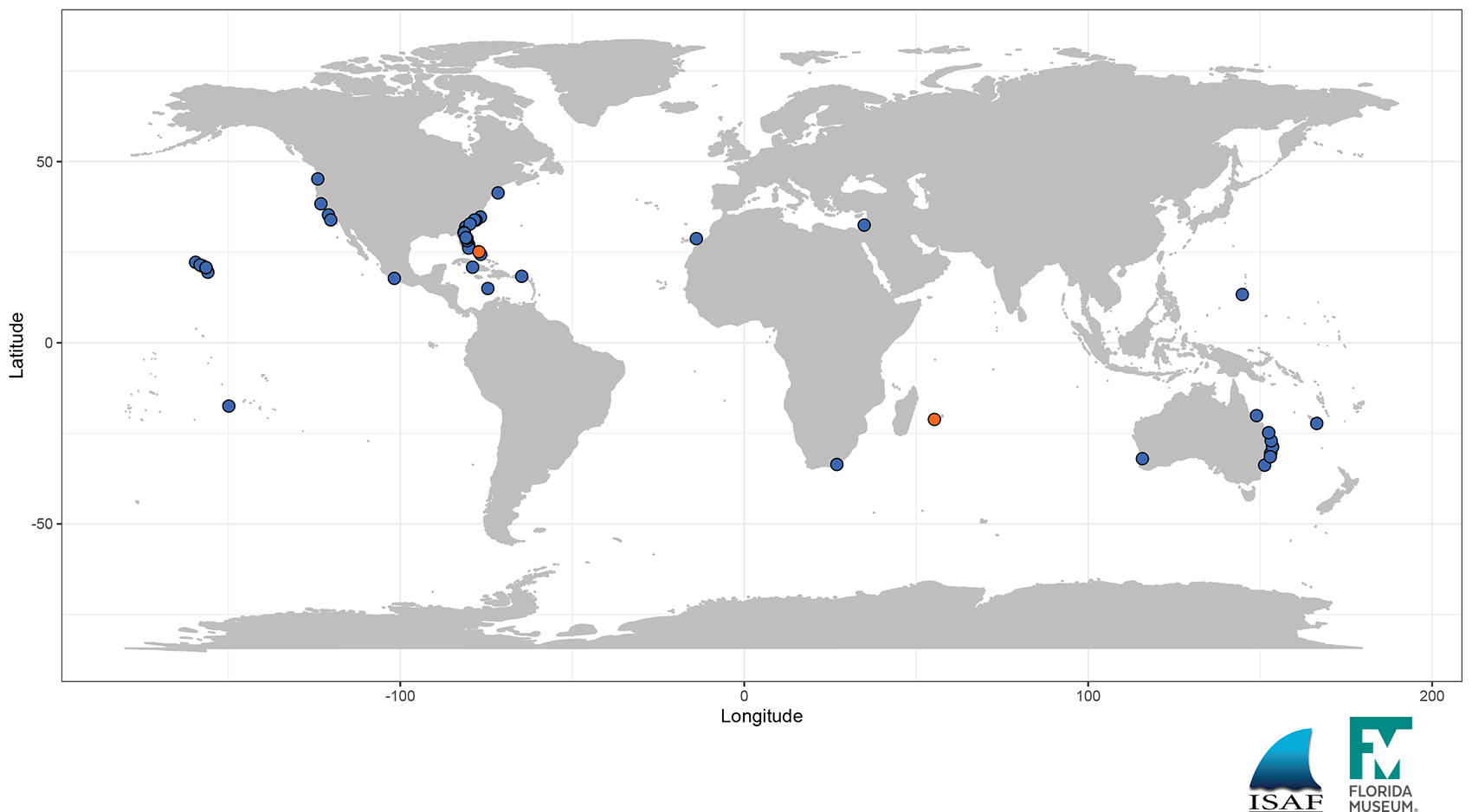 The global map shows shark attacks, with most centered around the coasts of the United States, off the eastern coast of Australia