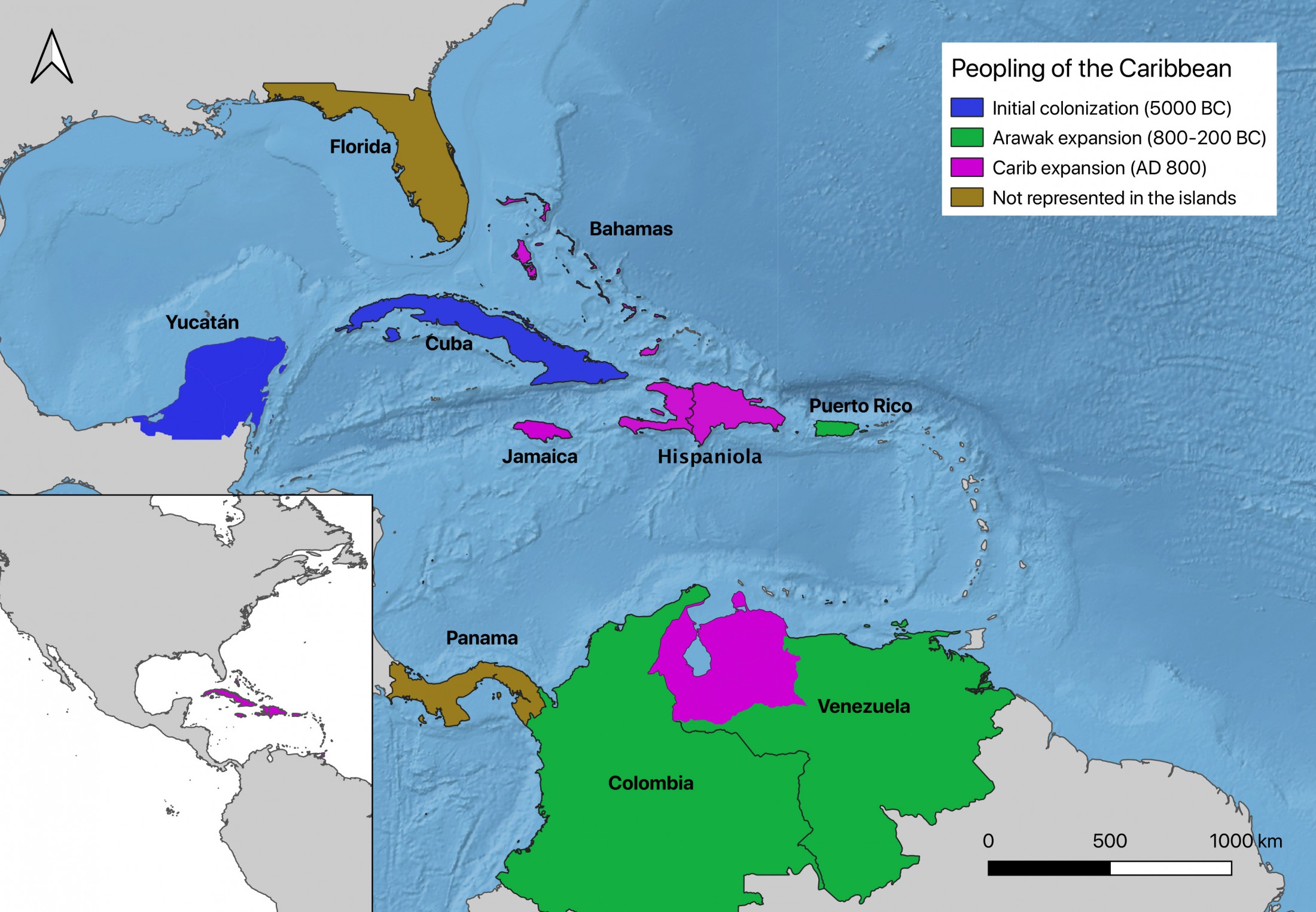 The map shows the three waves of colonization of the Caribbean