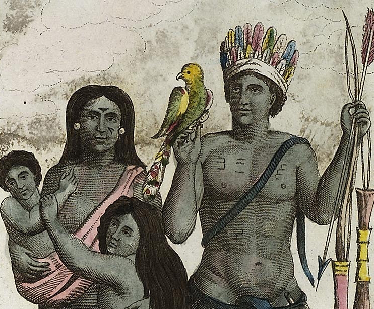 A painting shows a Carib family, with a mother holding an infant and hugging a young child while the father holds weapons and a bird 