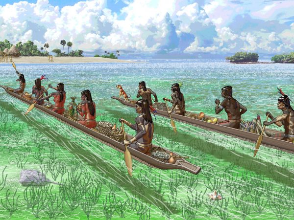 people in canoes padding toward island