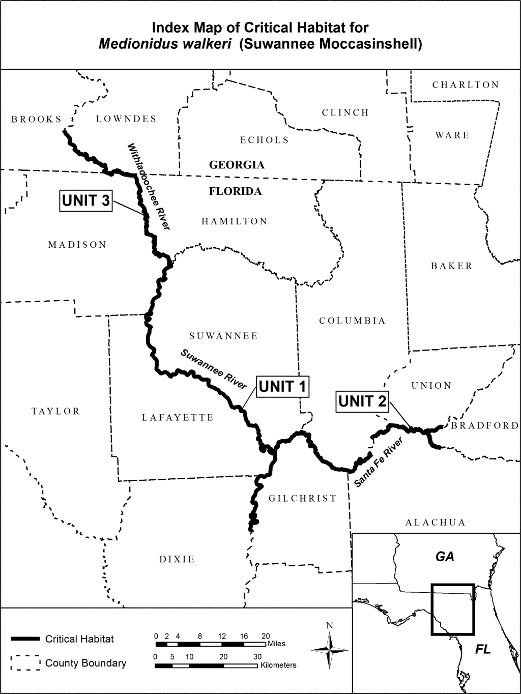 Map of the critical designation habitat for the Suwannee moccasinshell