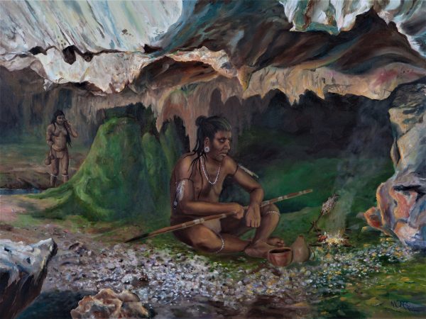 This Theodore Morris painting depicts a Taíno sitting at the entrance of a cave grilling fish over the fire.