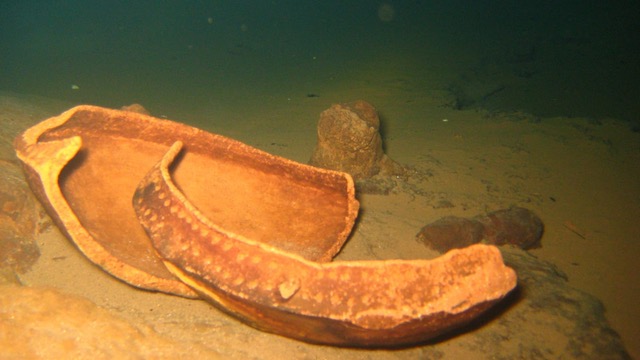 Broken pottery on a seabed