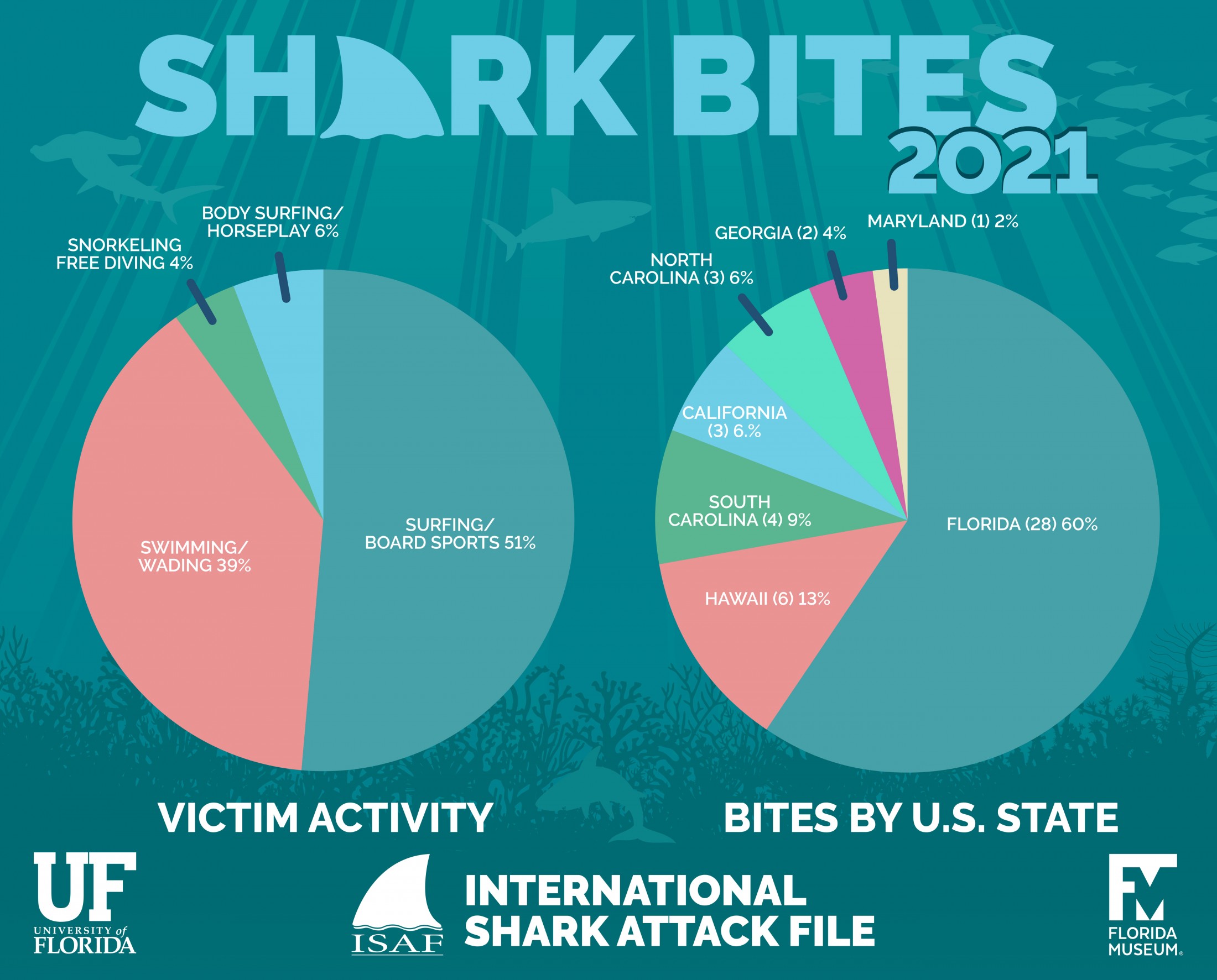 Pie graphs depicting the activities people were engaged in when bitten by sharks and the proportion of shark bites per state.