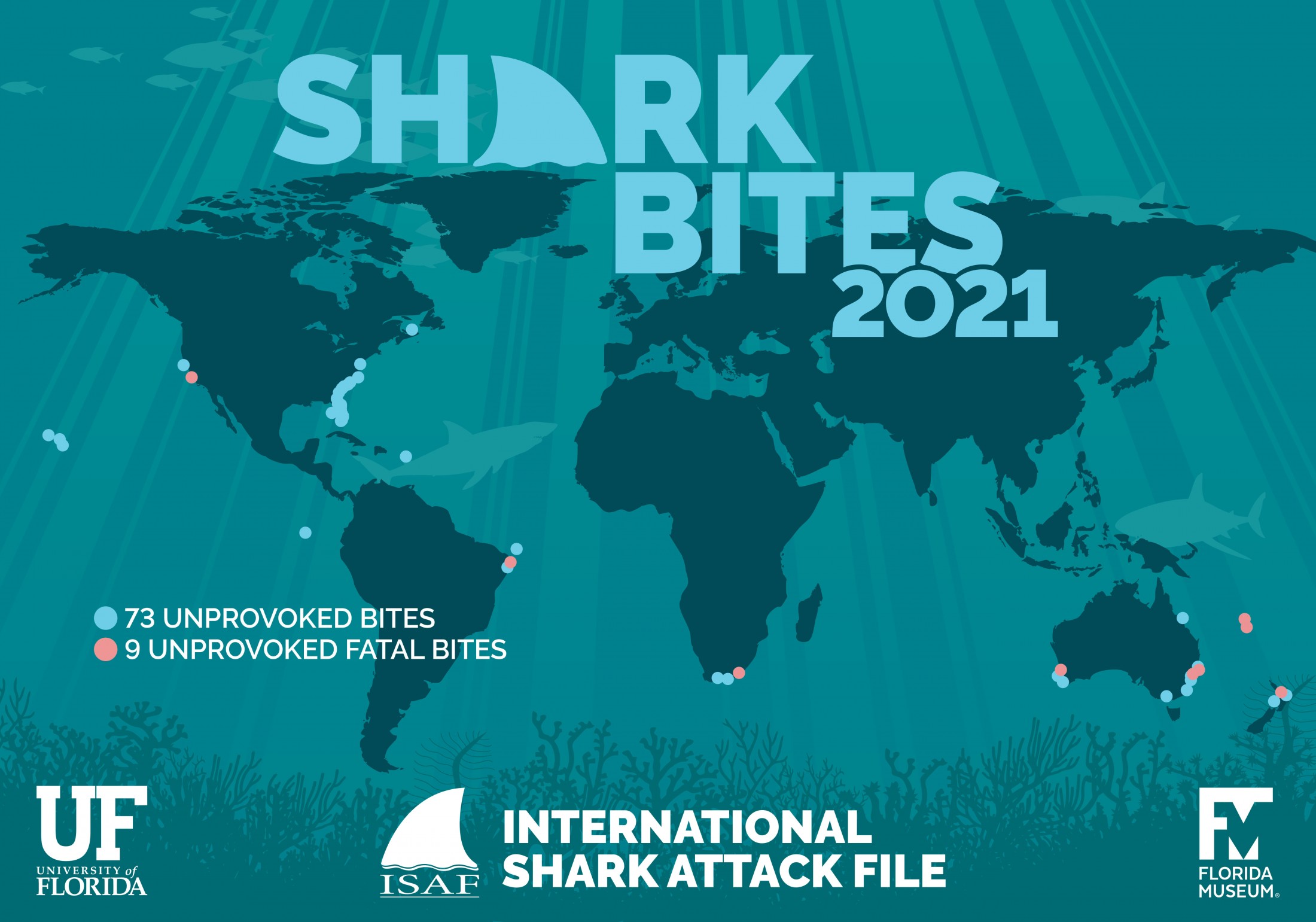 Map of shark global shark attacks in 2021