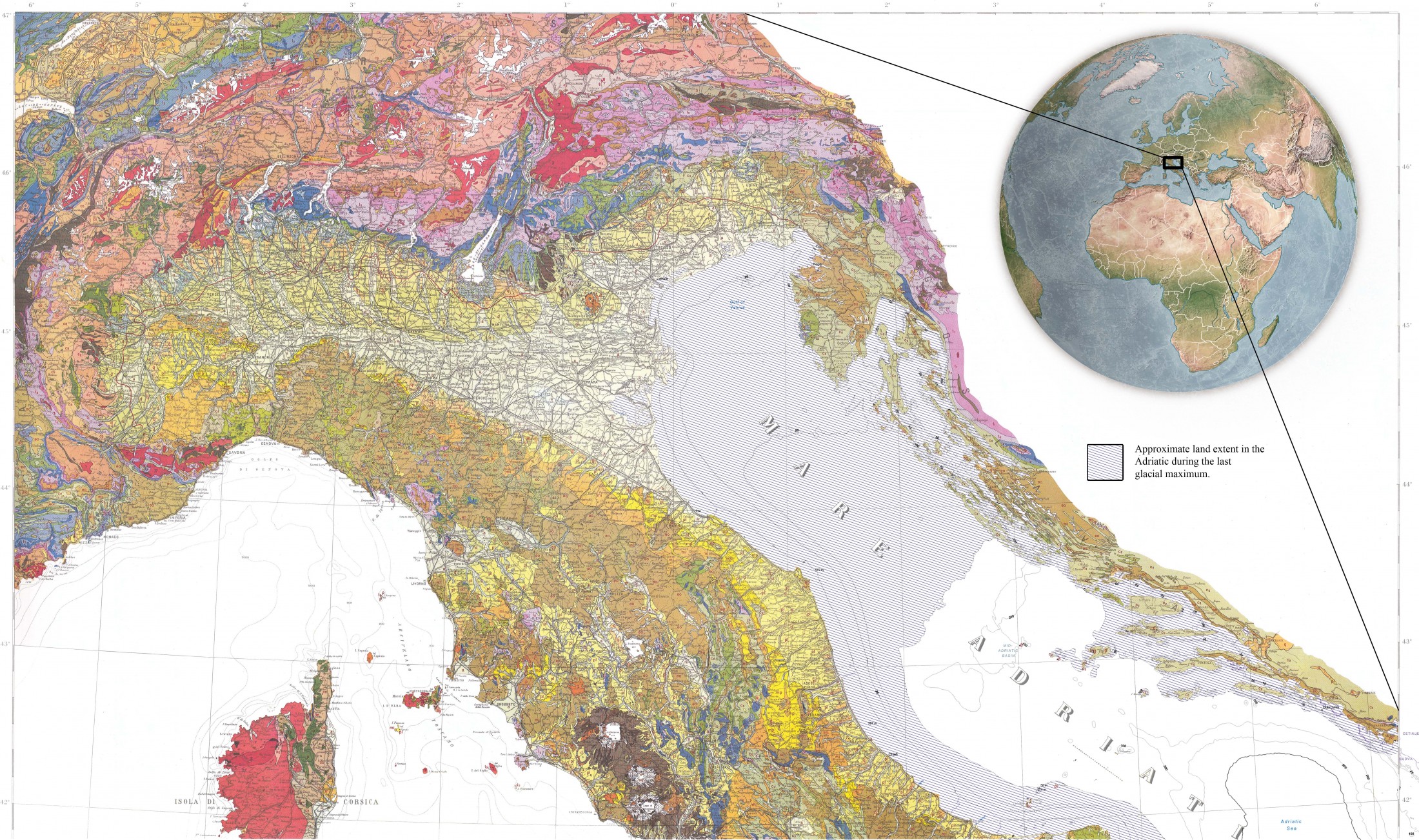 Geologic map of Italy showing extend of land in the Adriatic during the last ice age