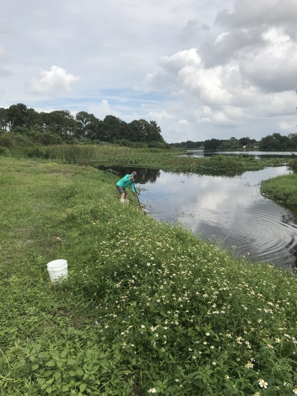 Ryan Crutchfield performing fieldwork using a net and buckets