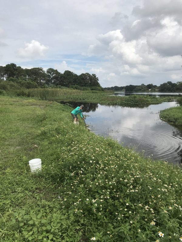 Ryan Crutchfield performing fieldwork using a net and buckets