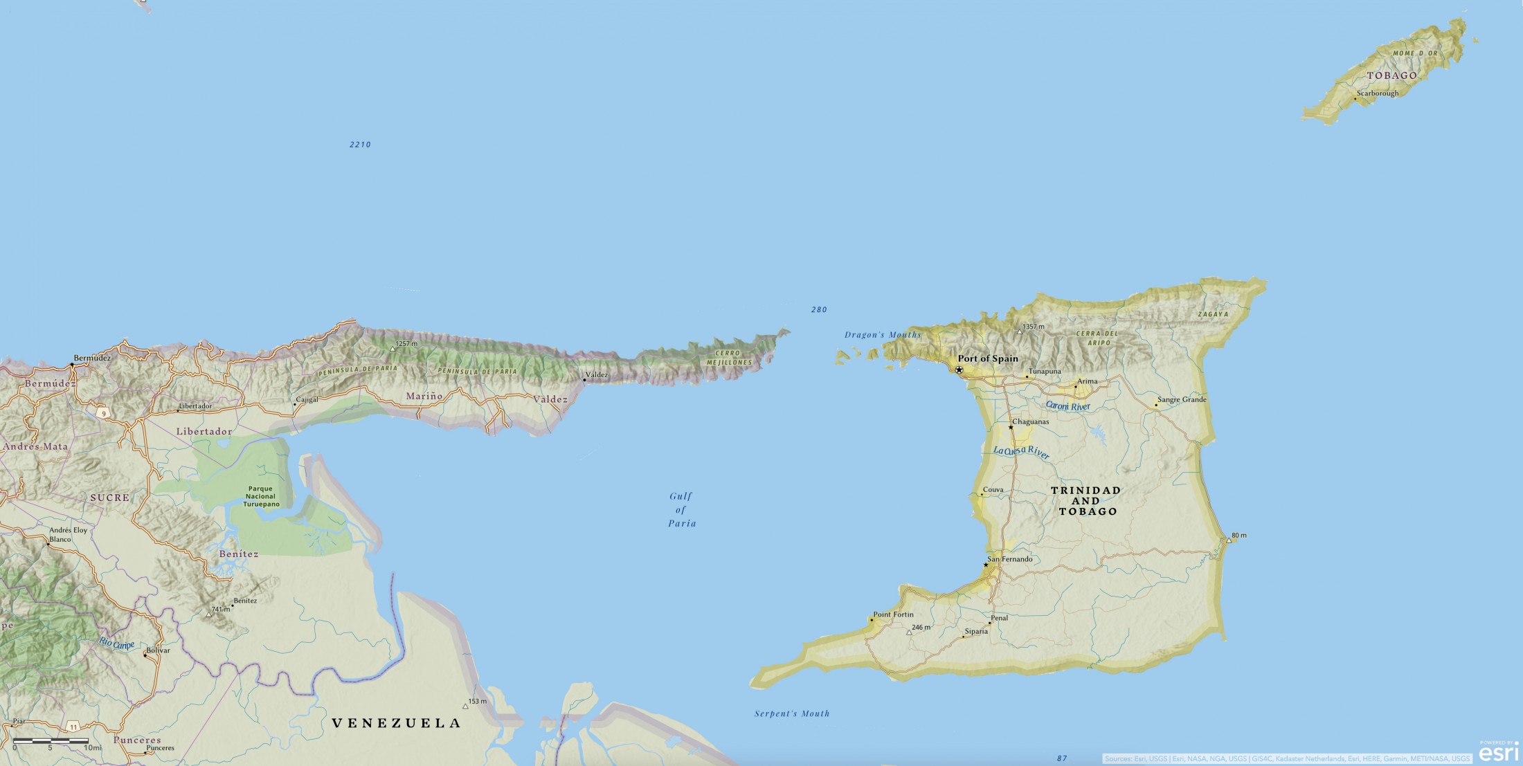 Map of Trinidad and Tobago in relation to Venezuela