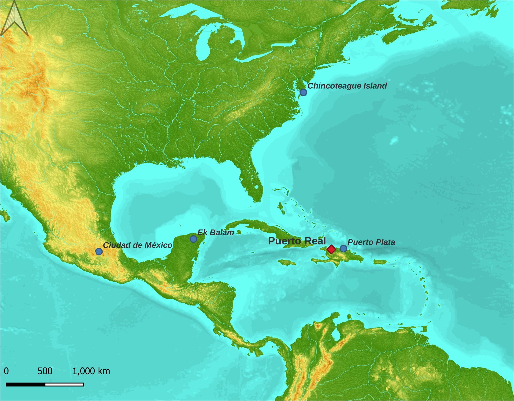 Map of the Caribbean and Central America, highlighting the location of Puerto Real in Hispaniola in relation to Chincoteague island in Virginia