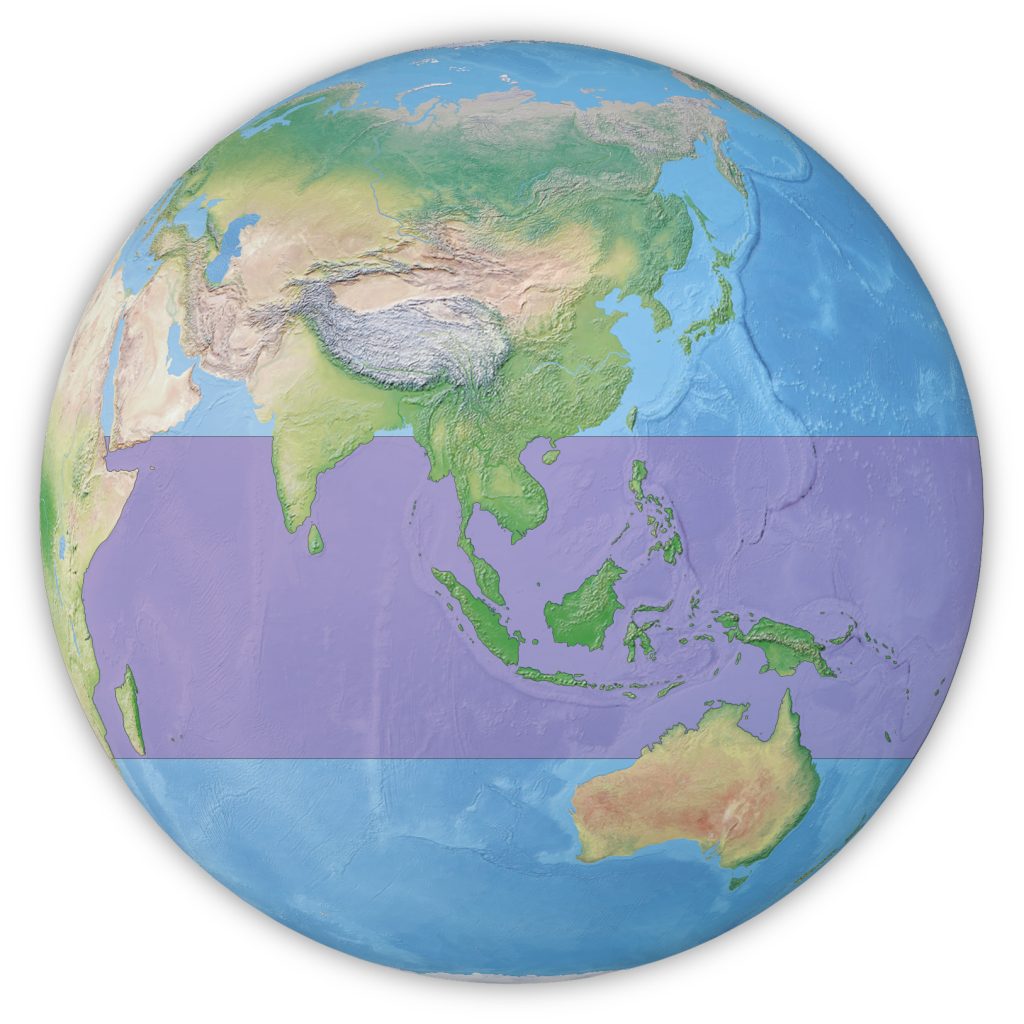 Map of globe highlighting the Indo-West Pacific Ocean