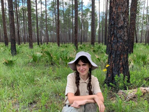 Woman crouches in a pine forest