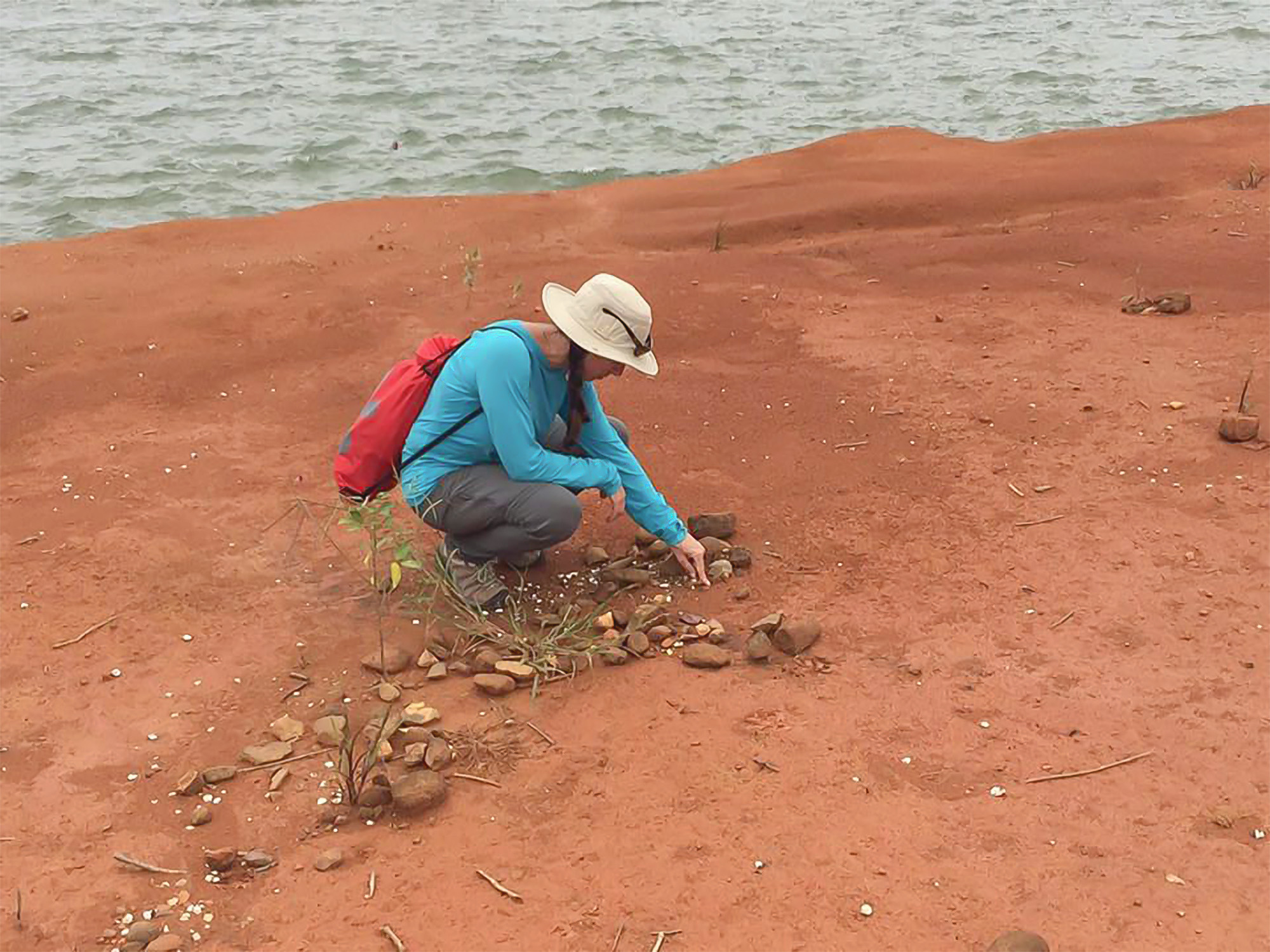 Person kneeling on a sandy shore inspecting shells