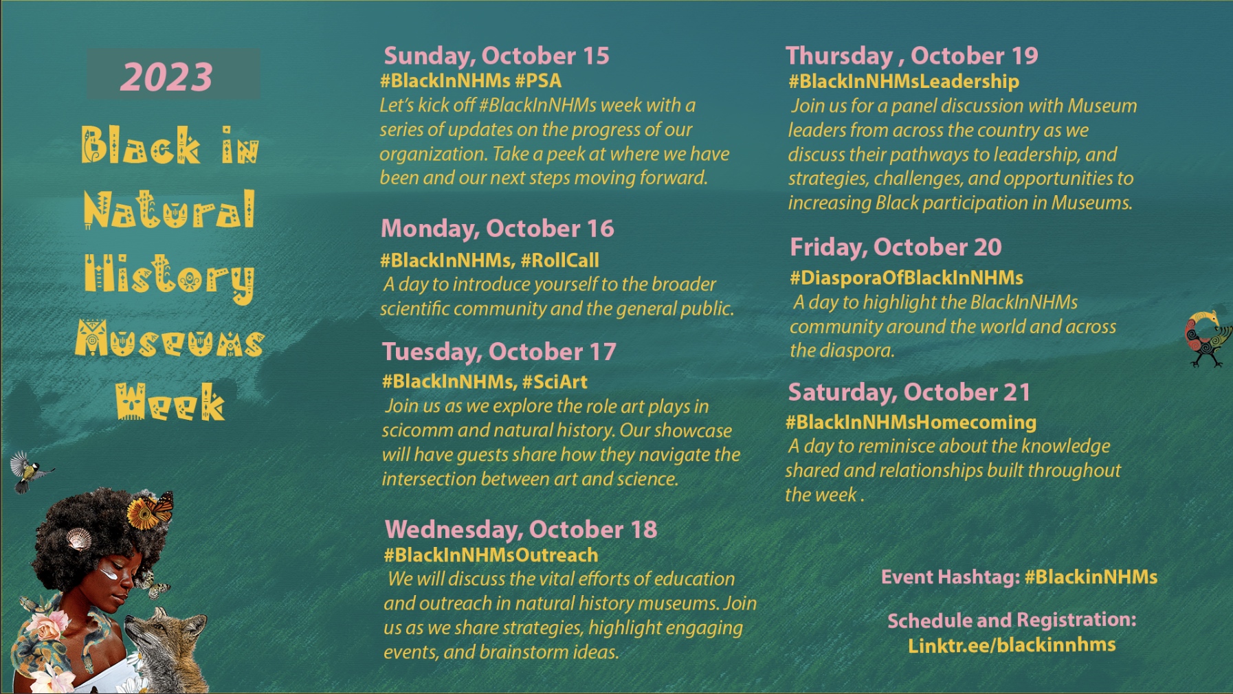 Flyer listing the activities to take place during the 2023 Black in Natural History week