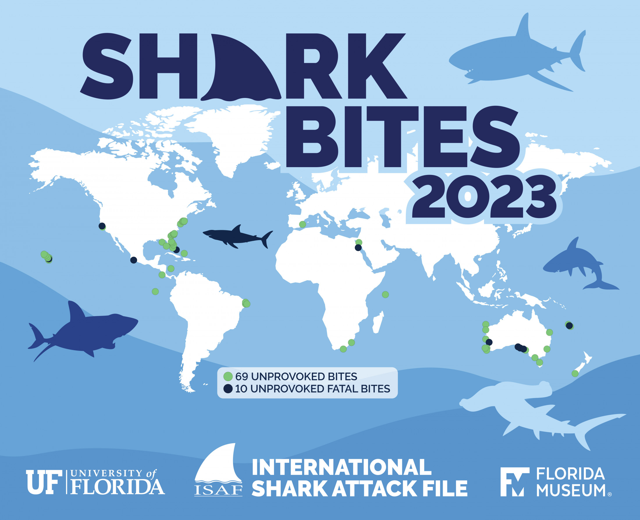 A map with dots placed at the location of every unprovoked shark bite in 2023.