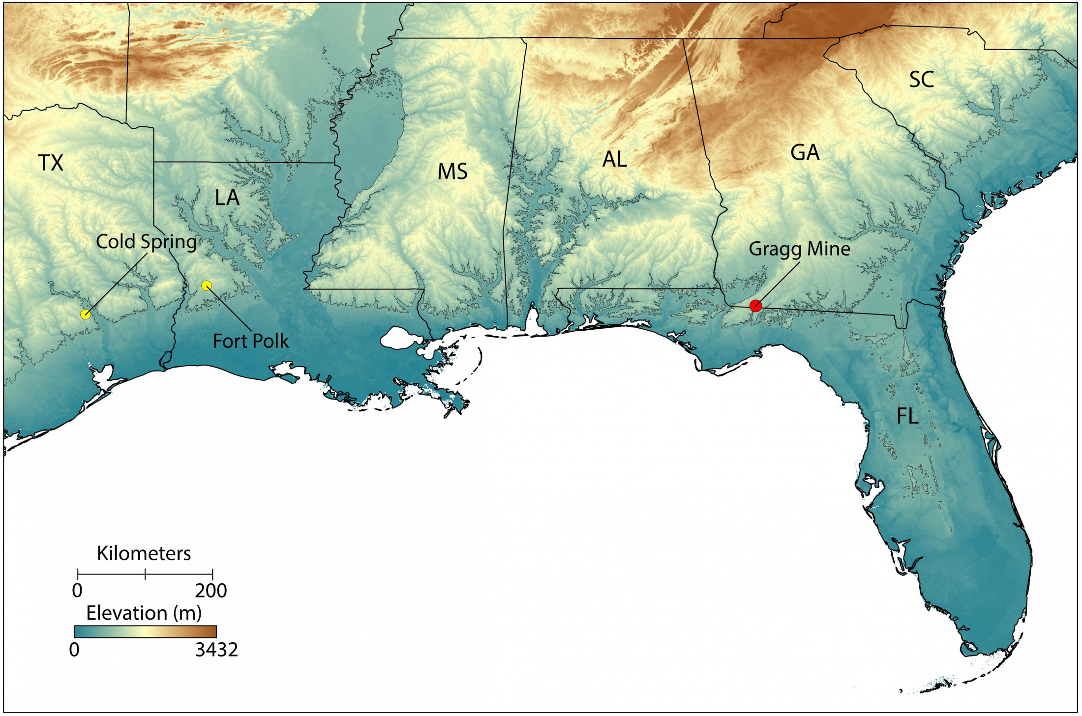 Map showing elevation and historic coastline of the southeastern United States, with the Gragg Mine marked in Georgia.