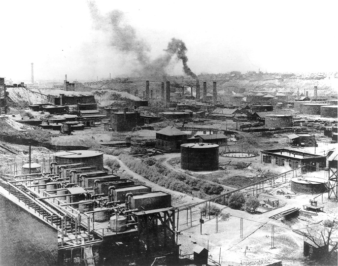 Old photograph of an oil field.
