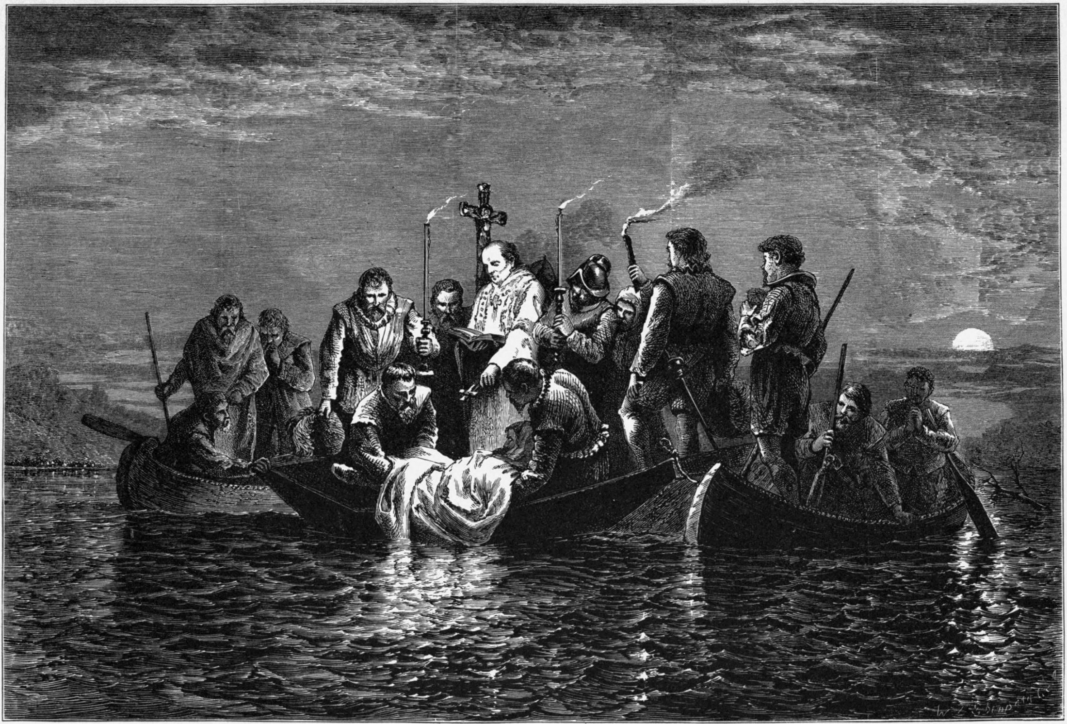 Engraving showing de Soto's body being lowered into a river.