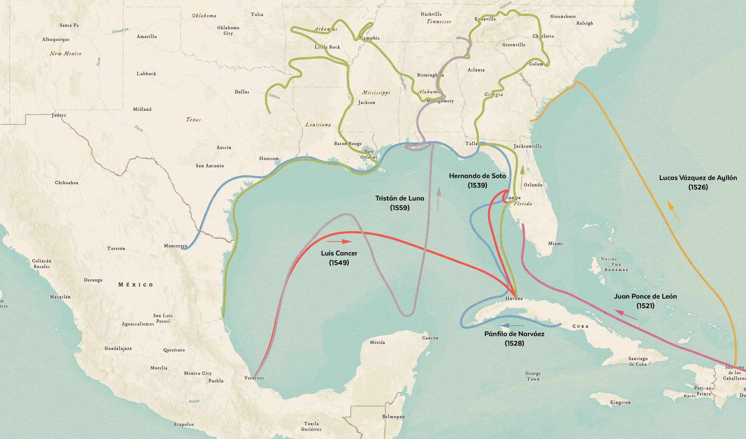 Map depicting the routes of early Spanish explorations in North and South America.