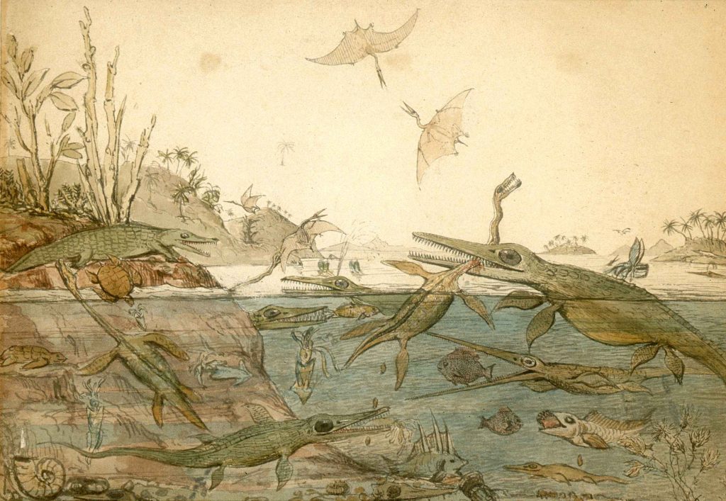 Vintage illustration of ichthyosaurs and other ancient animals in a wild landscape.
