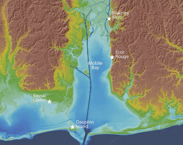 Map depicting Mobile Bay and the four sites where the team collected clay.