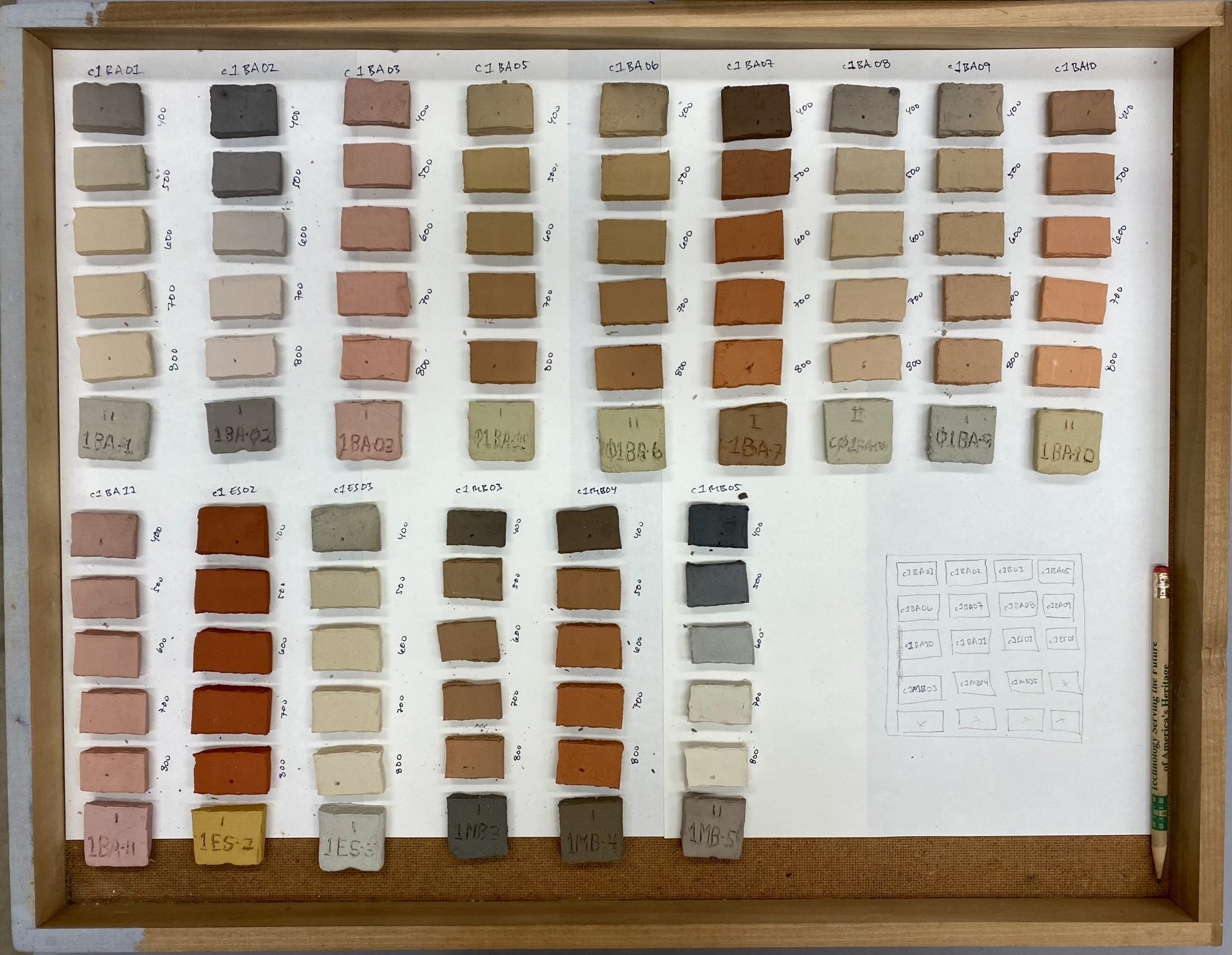 Photograph of 90 small rectangle briquette samples of different colors of clay.