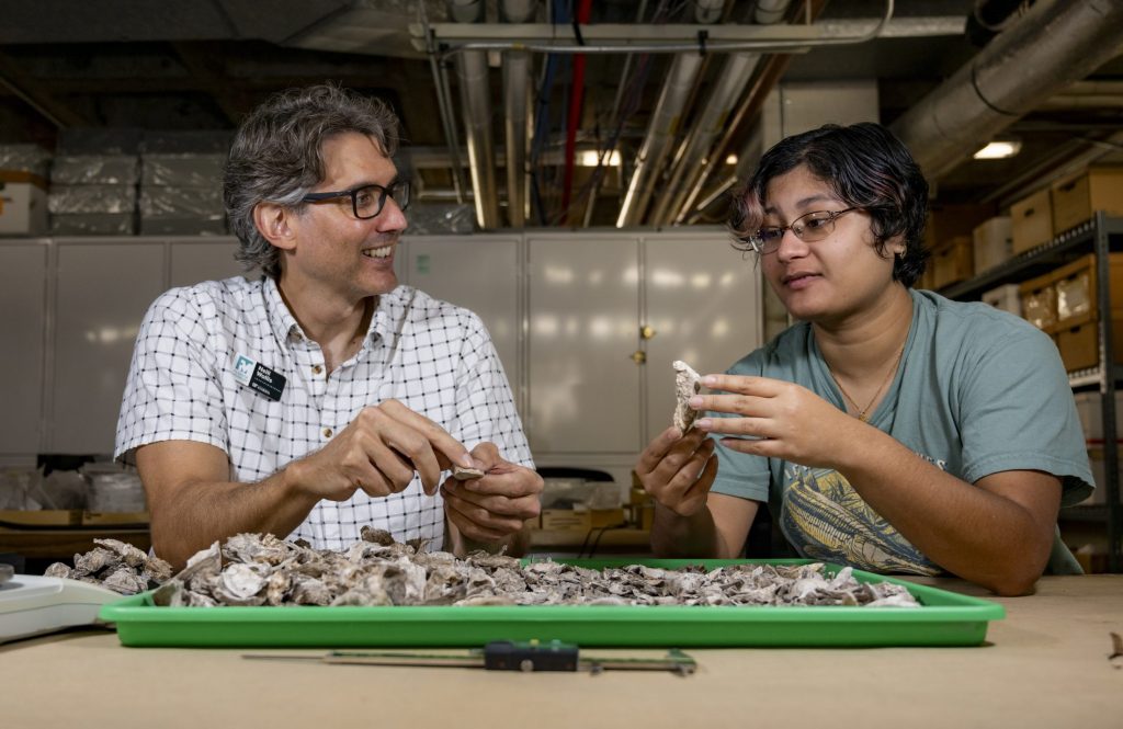Photograph of two scientists in conversation with shells in their hands and in a pile in front of them.