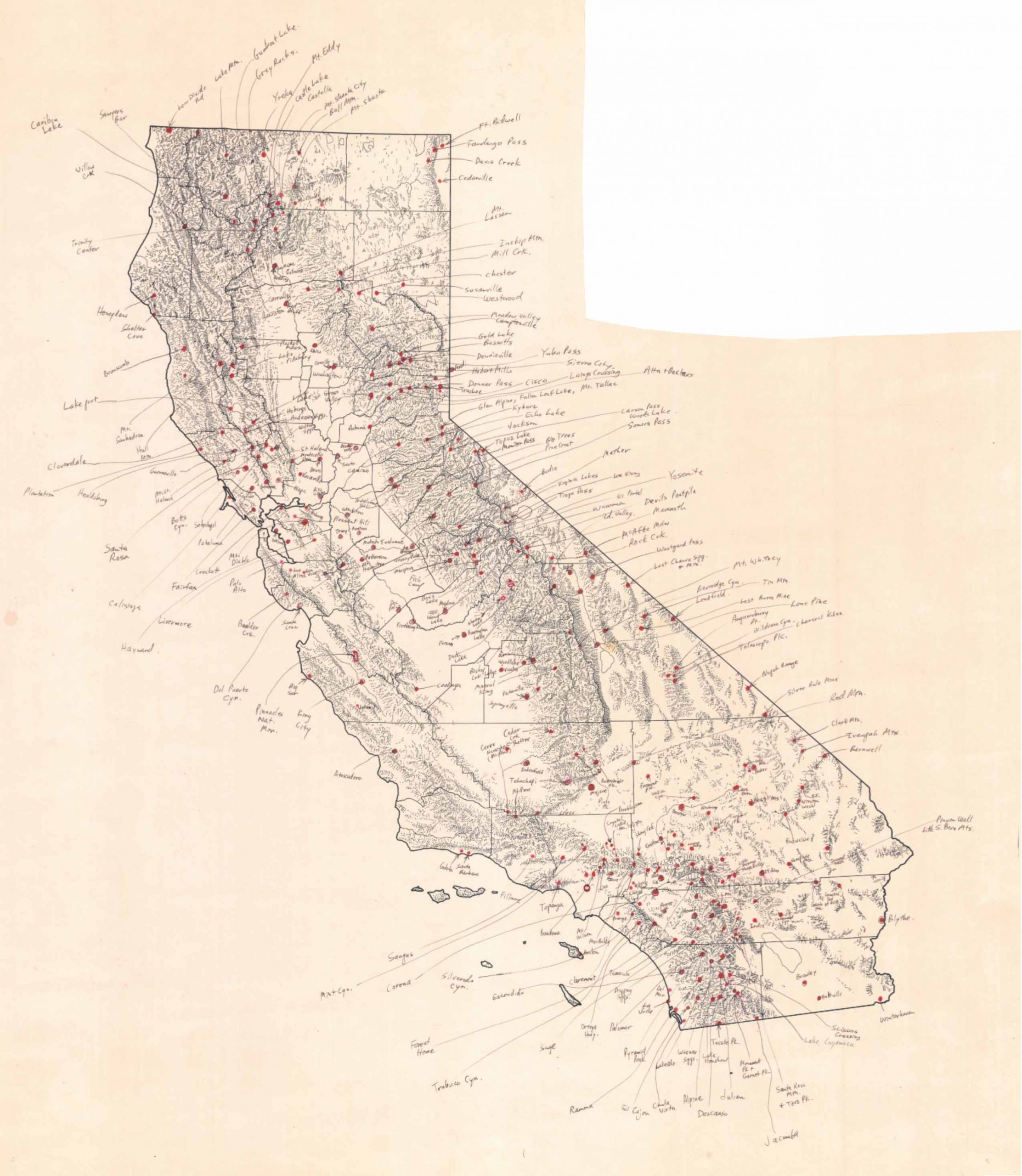 Printed map of California with handwritten labels.