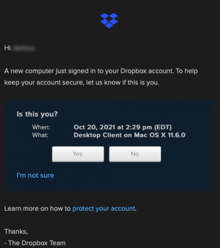Shows an example of the dropbox confirmation email