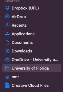 Show the University of Florida folder that the synced Teams files can be found under in Finder.