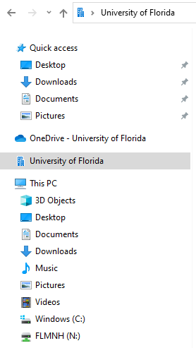 Shows the University of Florida folder that the synced Teams files can be found in the Navigation Pane