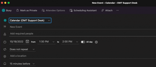 Shows the location of the Scheduling Assistant tab in outlook.