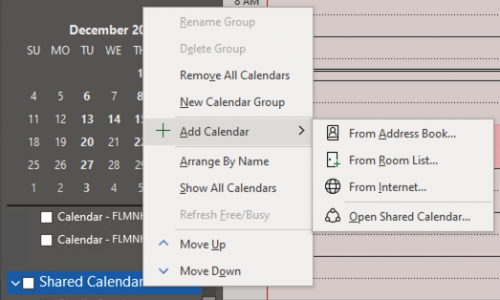 Shows the menu to add a shared calendar on a windows computer.