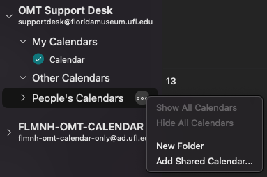 Shows a screenshot of the window showing a menu to add a Shared Calendar
