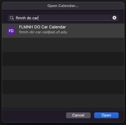 Shows a window where you can search for a shared calendar by name
