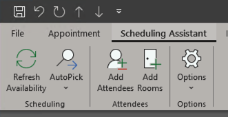 A screenshot of the location of the Scheduling Assistant button in the ribbon