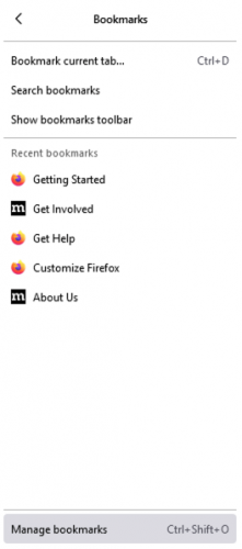 Screenshot of open Firefox bookmarks menu
