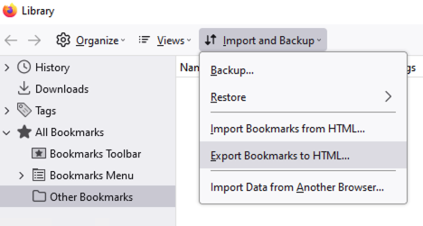Screenshot of open Firefox bookmarks library window.