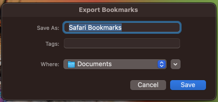Screenshot of open Safari Export Bookmarks window.