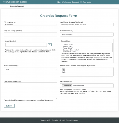 A screenshot of the Graphics Request Form