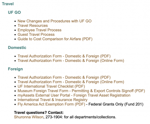 A screenshot of various links in the Travel subsection of the intranet forms page