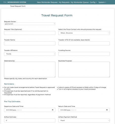 A screenshot of the upper portion of the travel request form