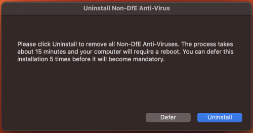 Screenshot of a prompt to uninstall non-Defender for Endpoint Anti-Virus.